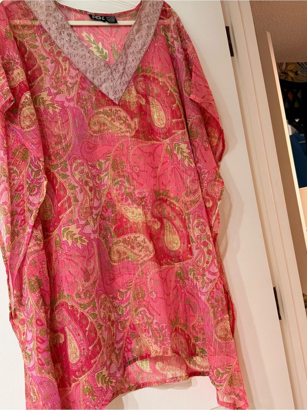 Boho Sheer Paisley Cover-Up Tunic Pink Metallic Lurex Free Size Made in India